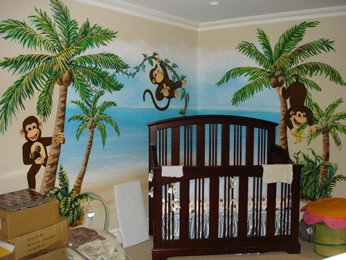Monkey palm tree beach mural